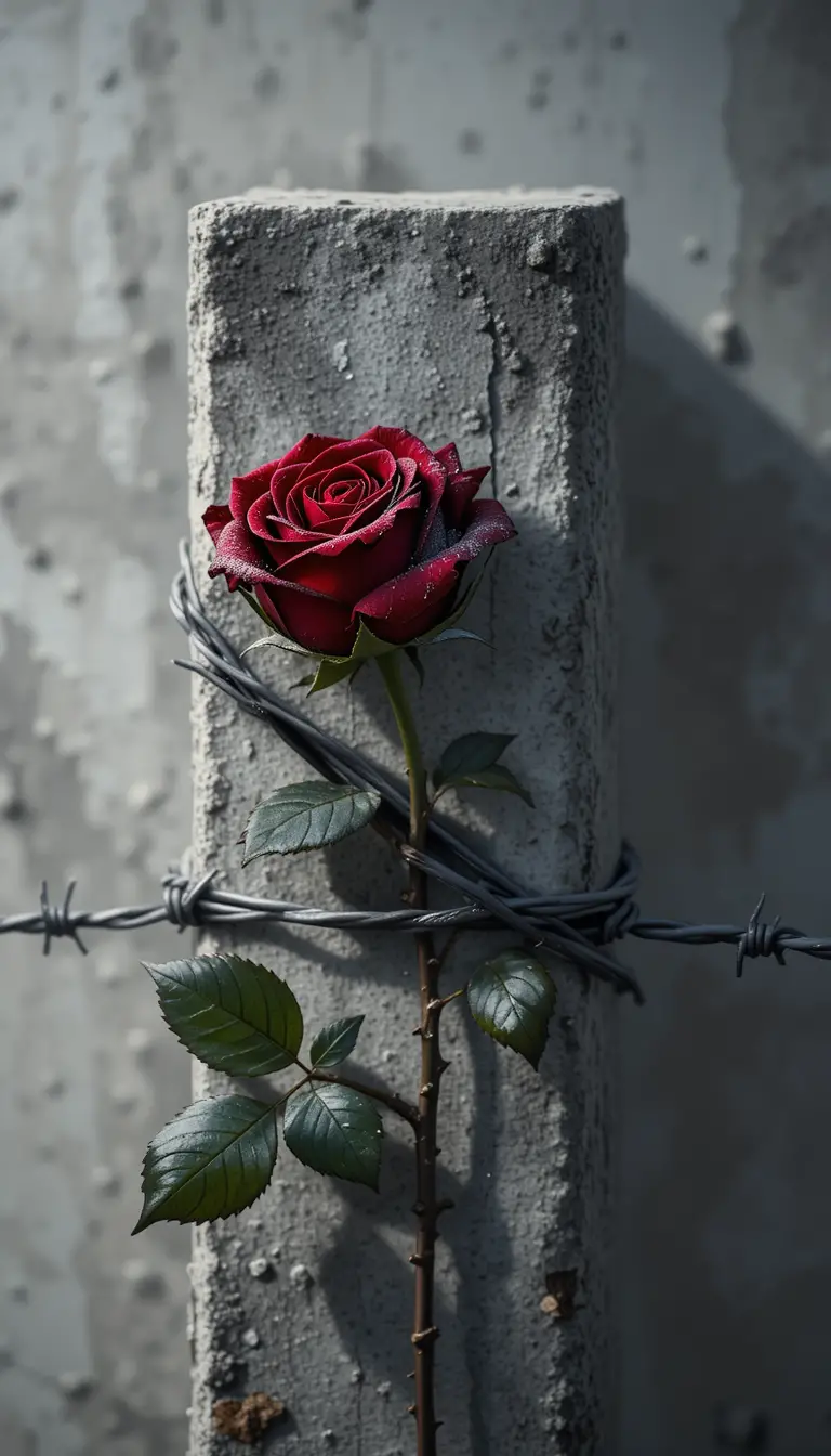 Single dark rose wrapped in barbed wire on concrete post