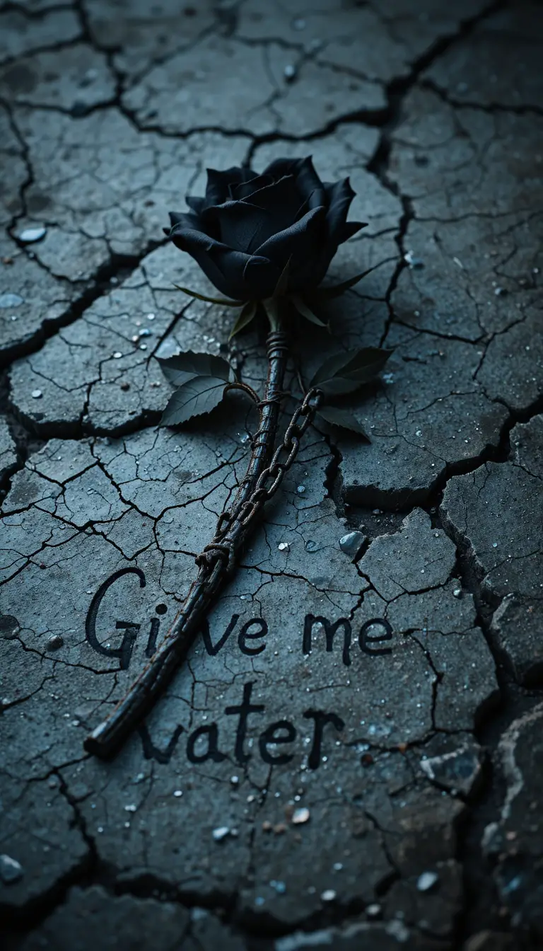 Black rose bound in chains on cracked concrete ground