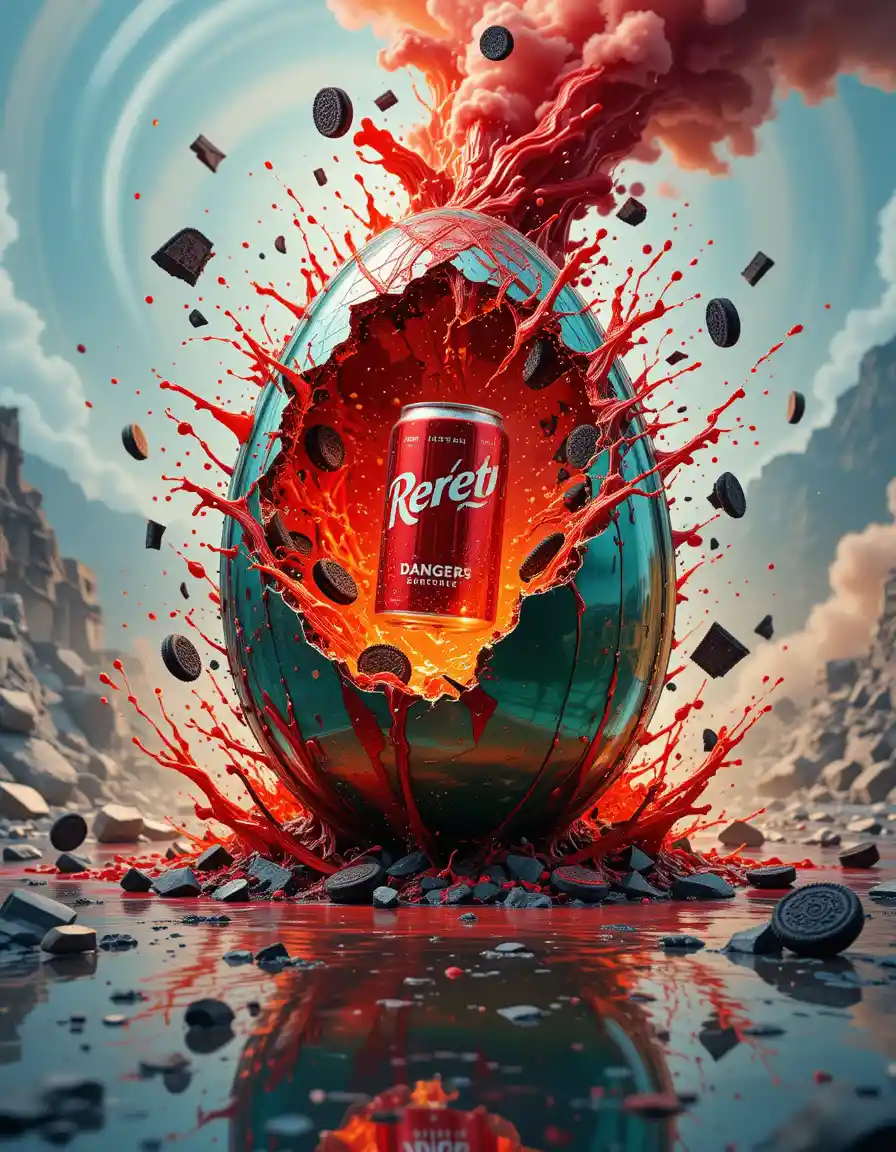 Exploding metallic egg with vibrant liquid splash