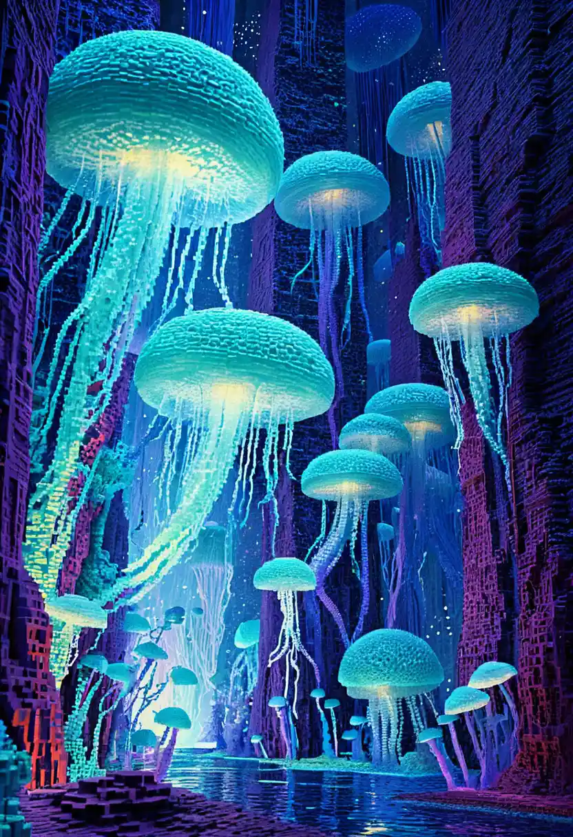 Meduse Voxel Luminose in un Profondo Canyon Sottomarino