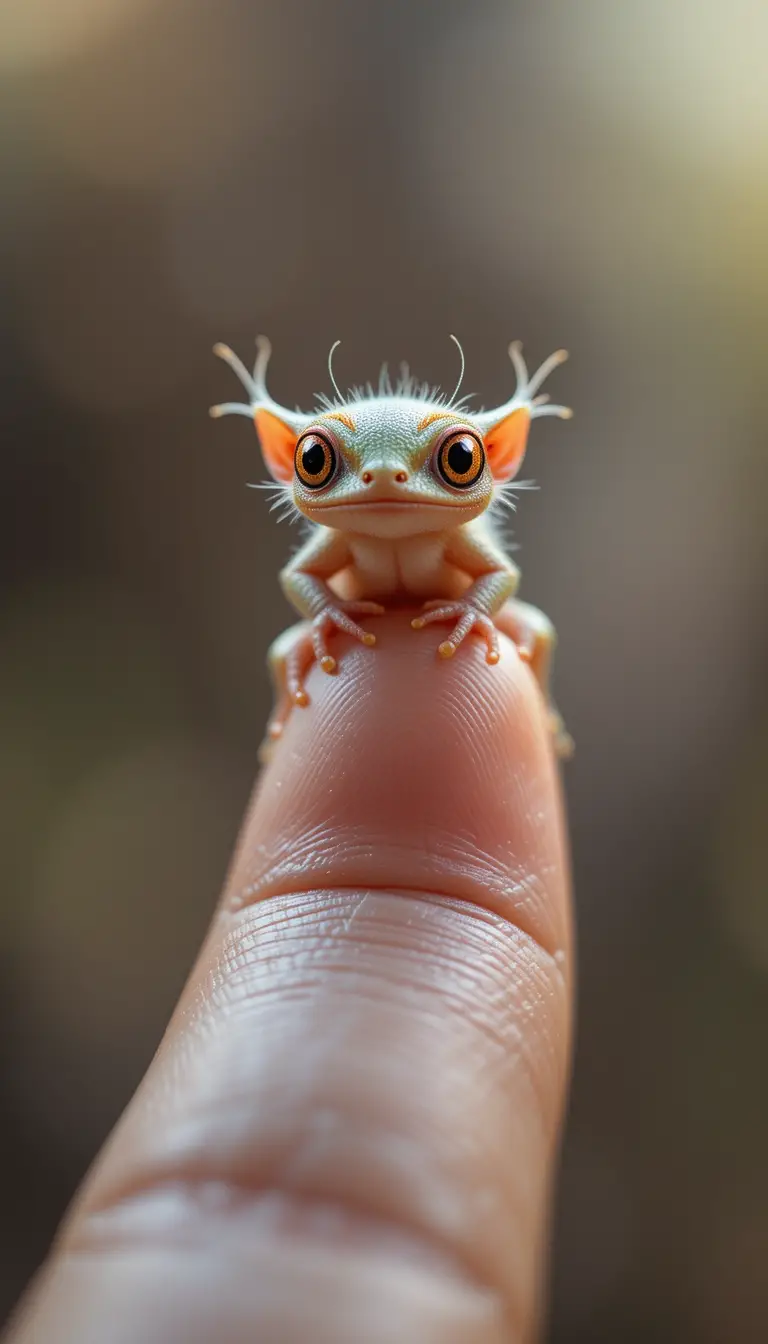 Tiny magical creature perched gently on a human finger