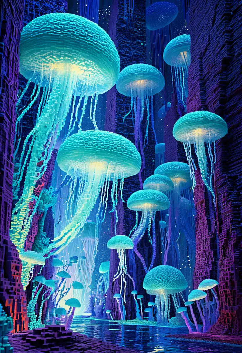Glowing Voxel Jellyfish In A Deep Underwater Canyon