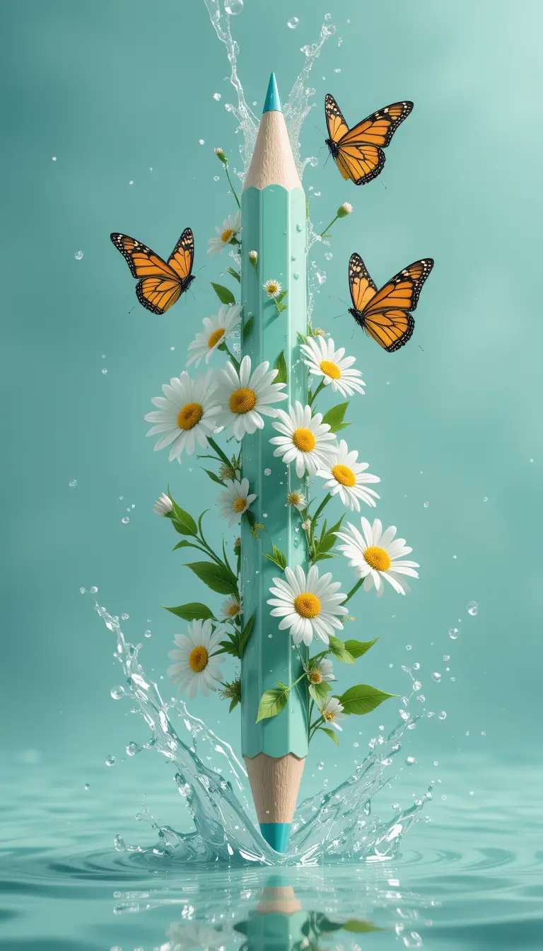 Surreal Underwater Pencil With Daisies And Butterflies