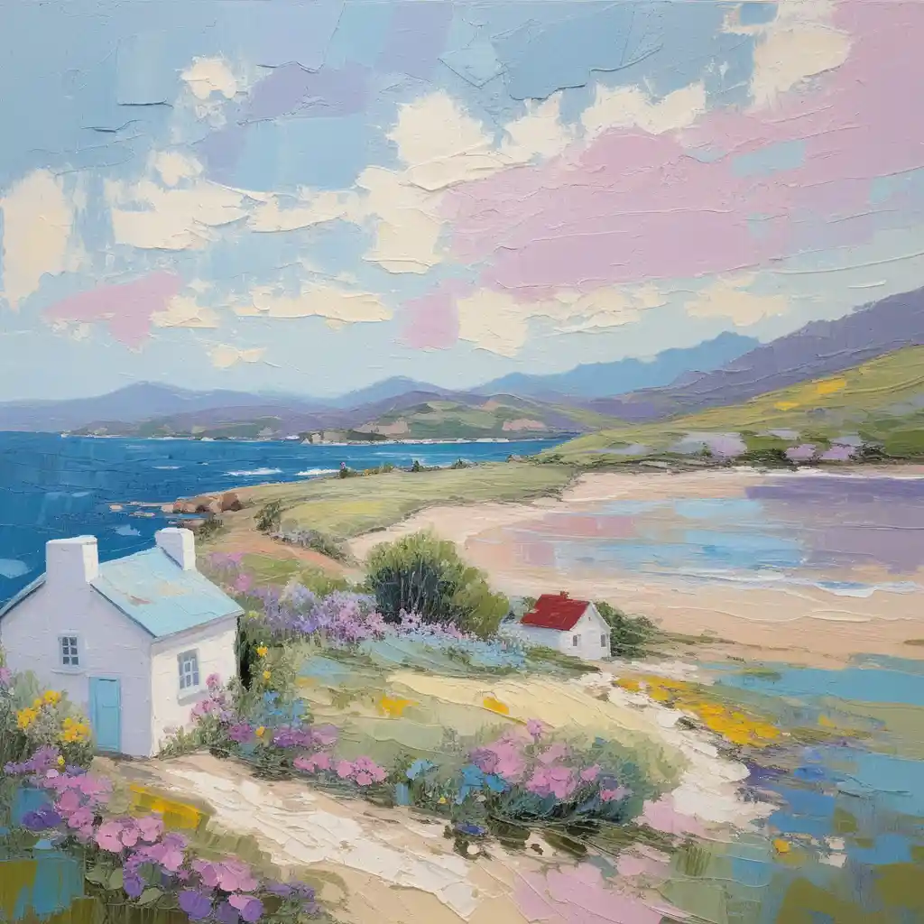 Colorful impasto cottage overlooking a tranquil coastal landscape