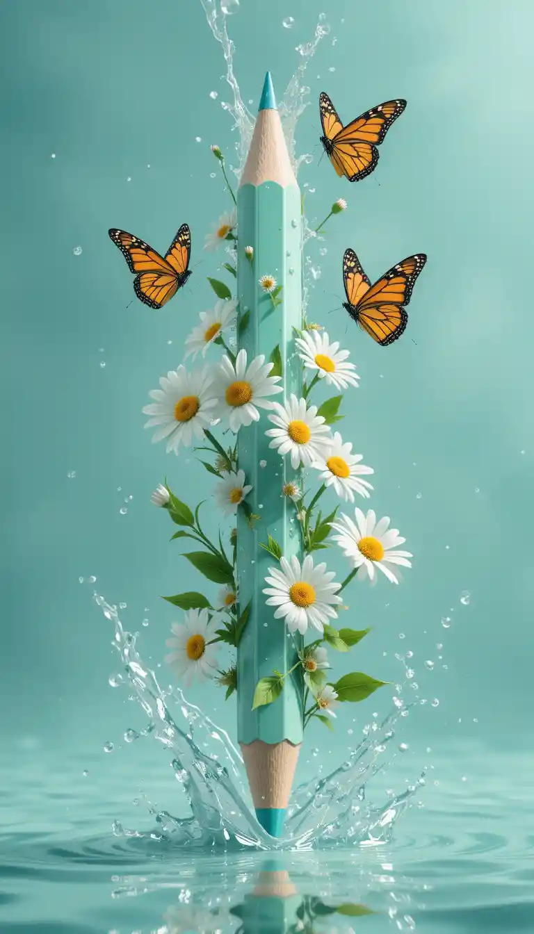 Surreal Underwater Pencil With Daisies And Butterflies