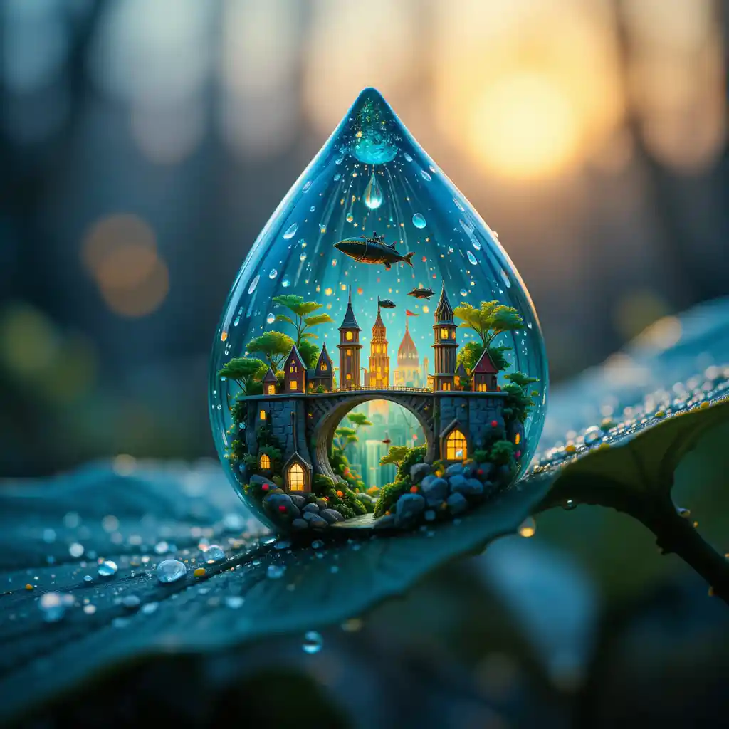 Miniature glowing city inside a dewdrop at dawn
