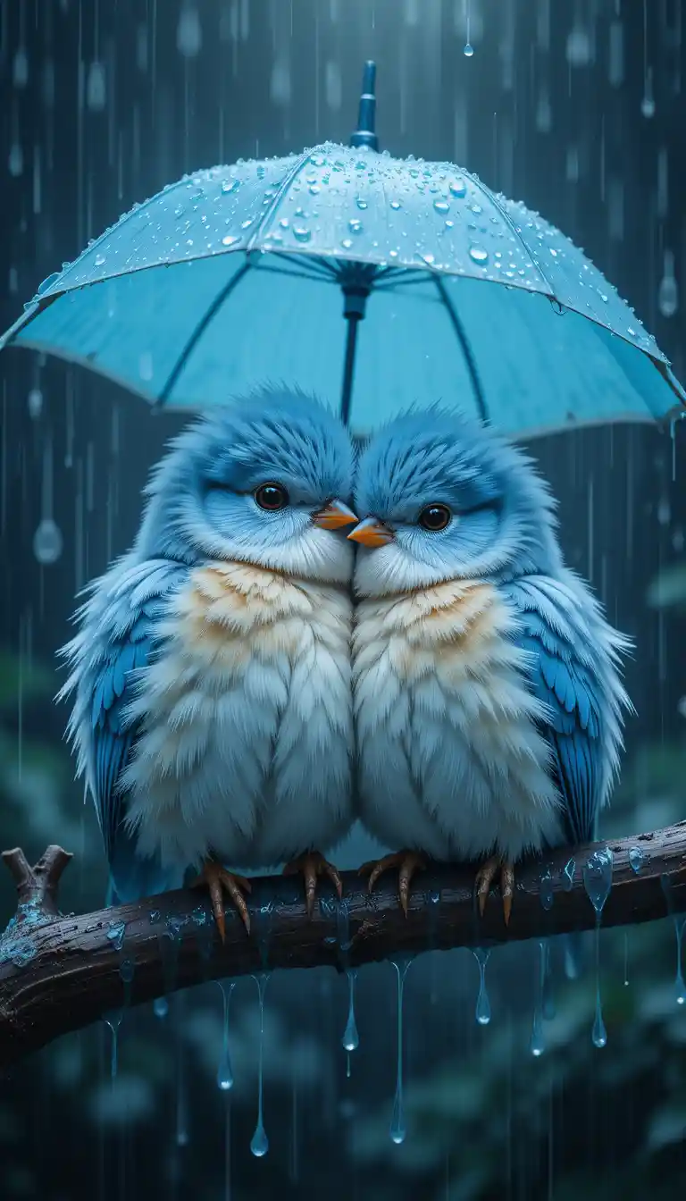 Two Blue Birds Cuddling Under An Umbrella In The Rain