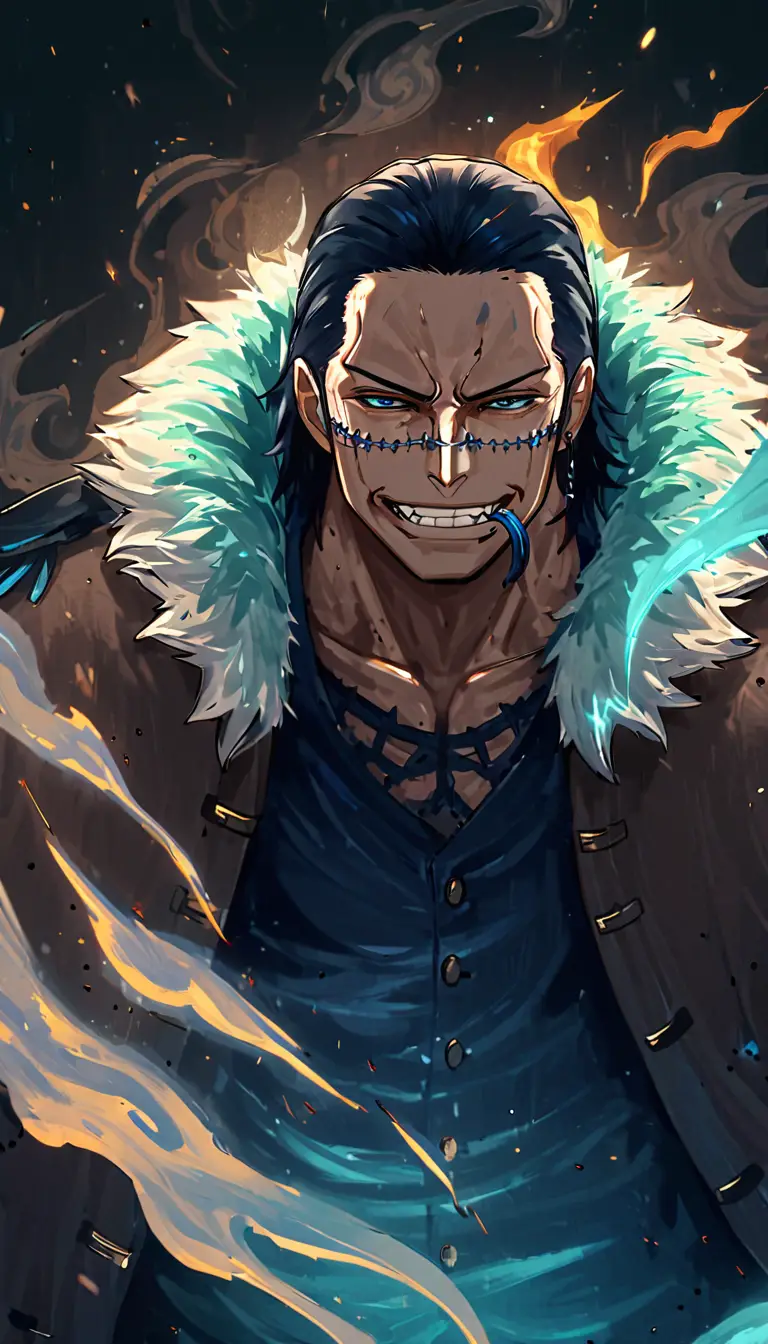 Anime portrait of a dark powerful man with blue flames