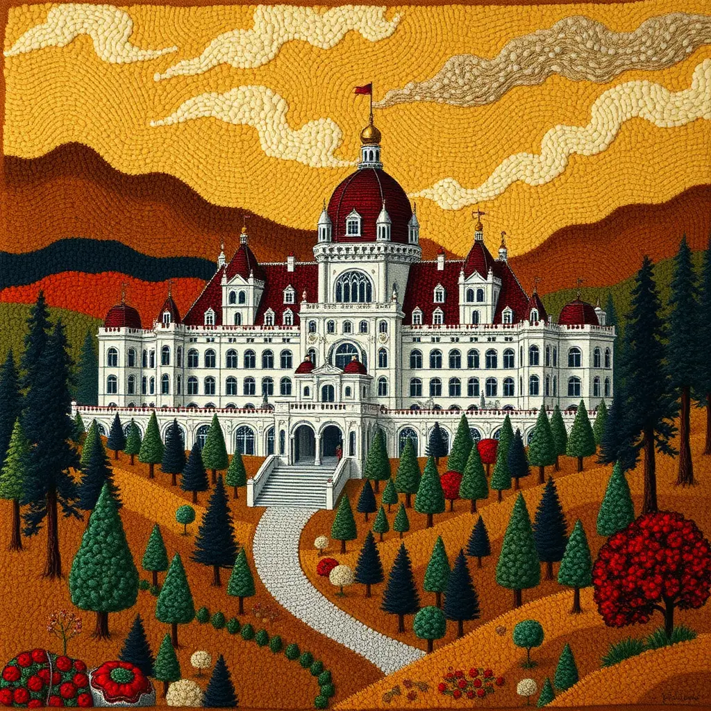 Folk art palace in a warm earthy landscape