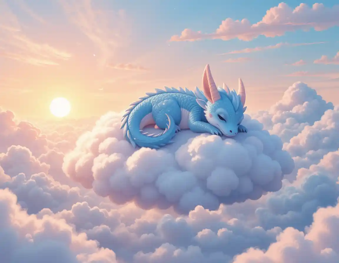 Cute blue dragon sleeping on a cotton candy cloud