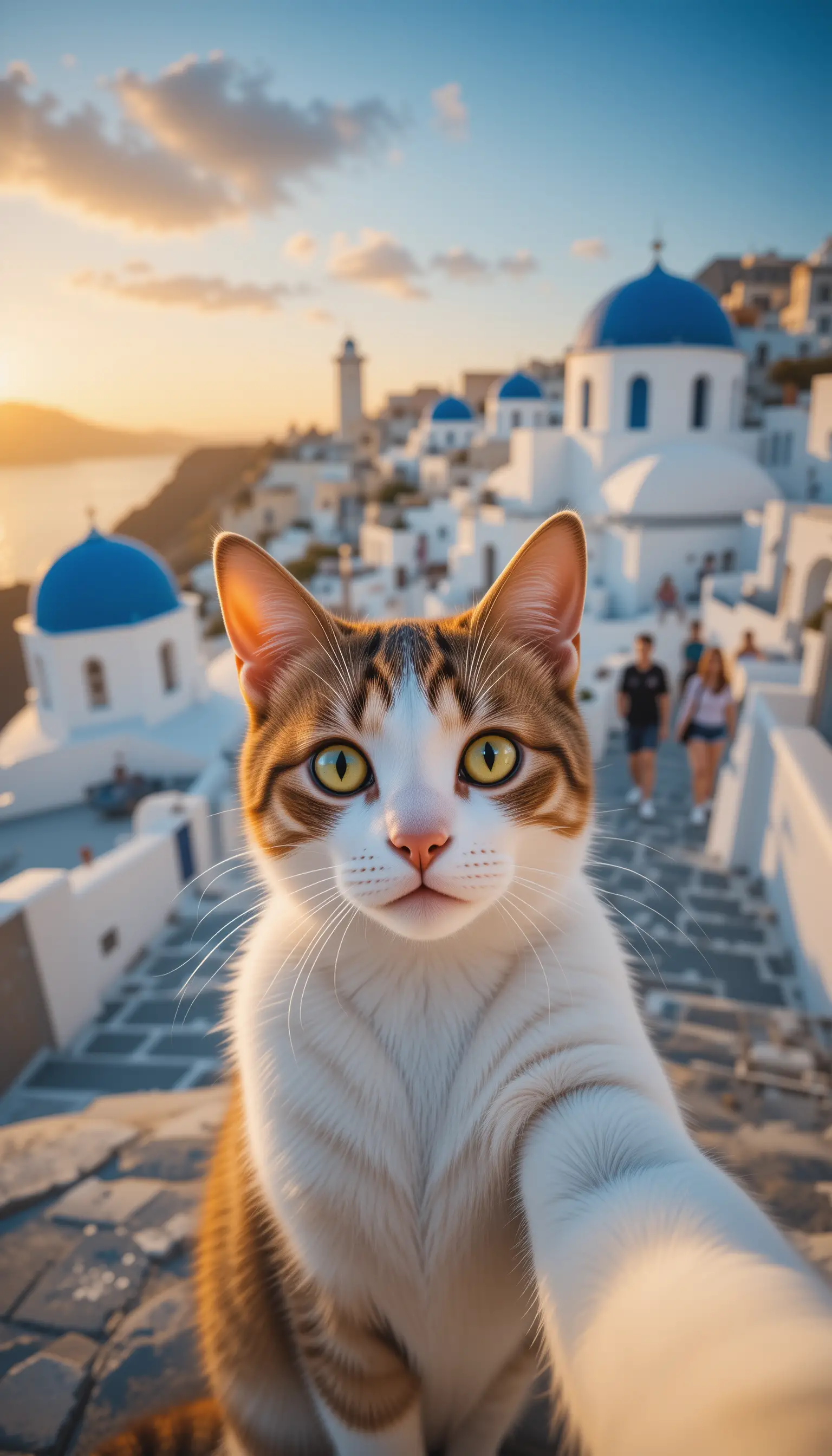 Grünäugige Katze macht ein Selfie über sonnenbeschienenen Dächern von Santorin