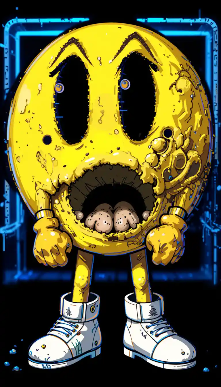 Cartoon pacman character with crossed out eyes and tongue