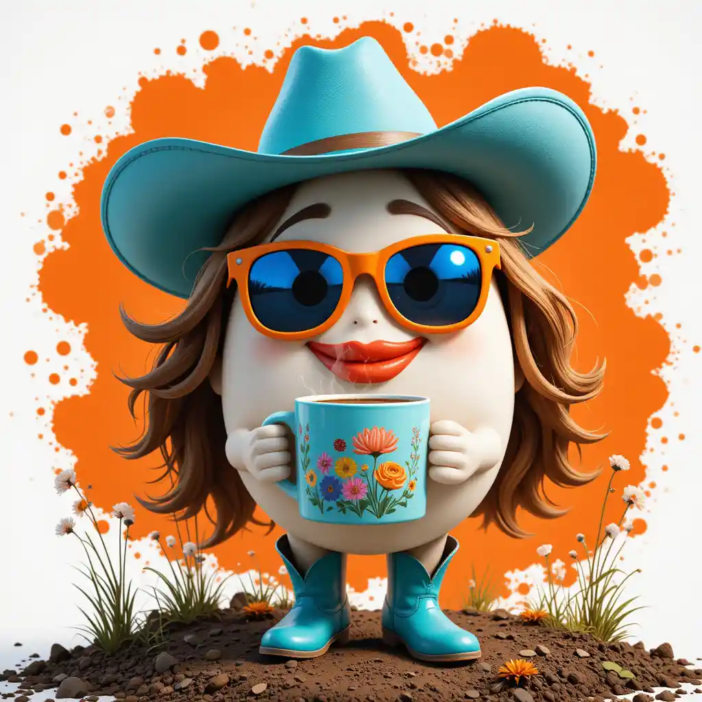 Anthropomorphic egg cowgirl with coffee on abstract background