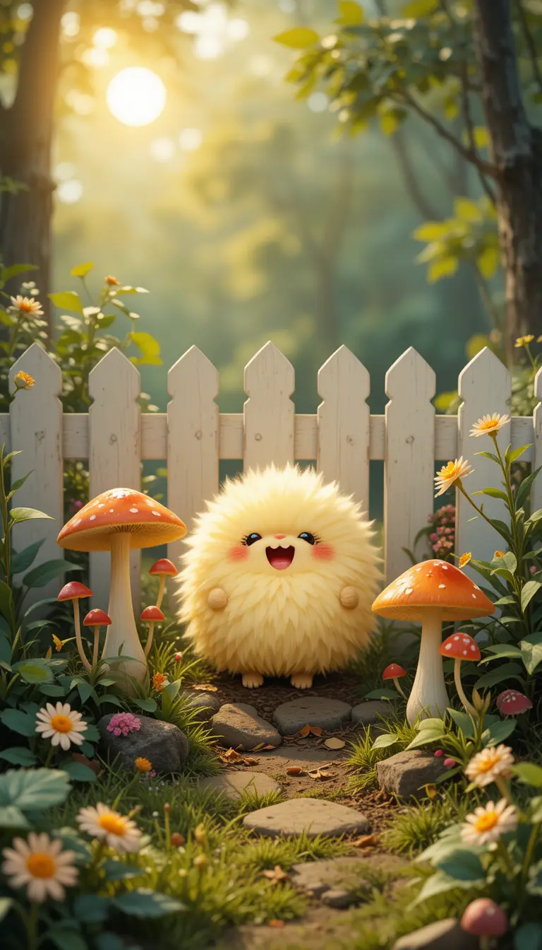 Cheerful sunshine puff named Lumi in a quiet garden