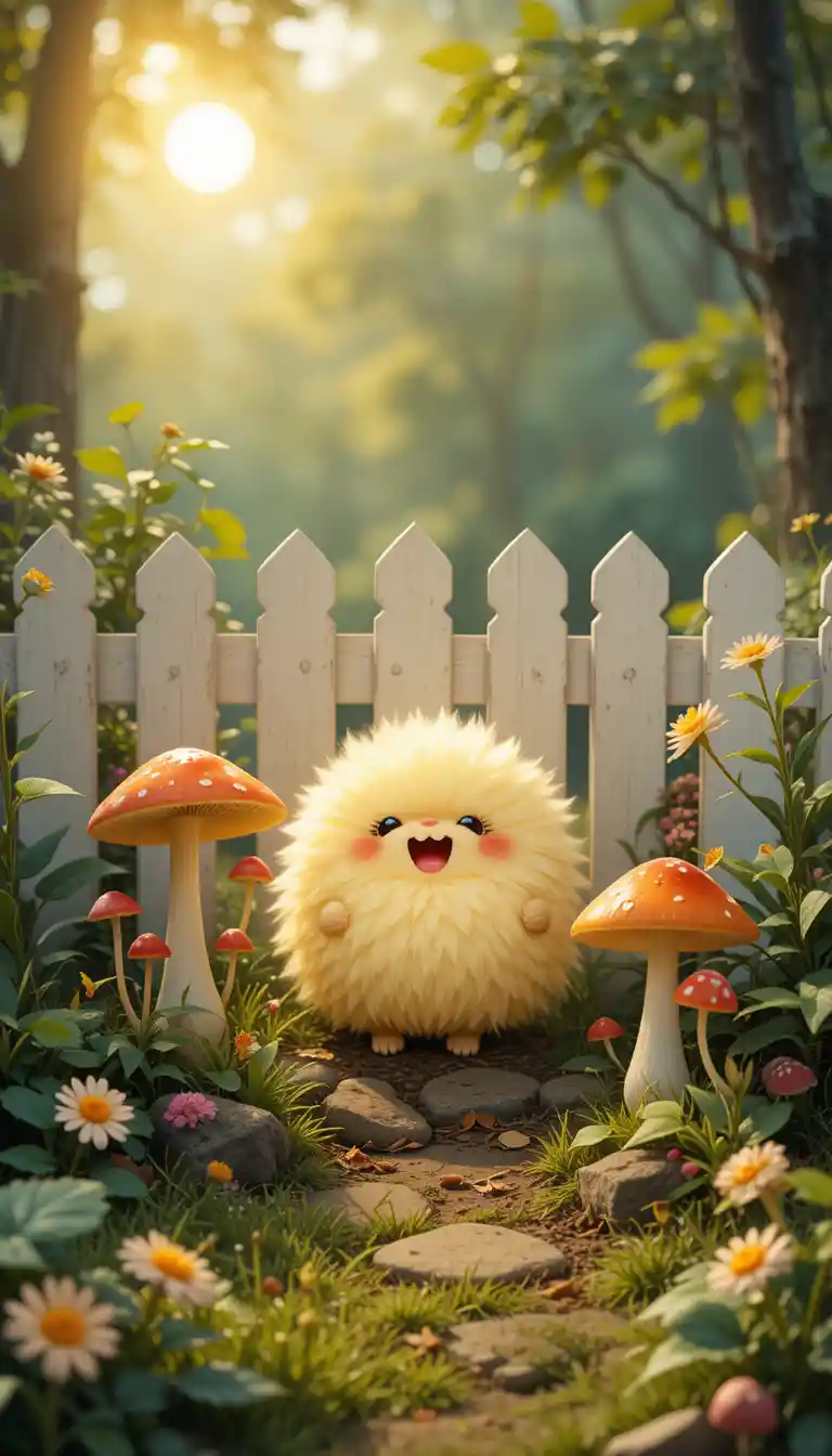 Cheerful sunshine puff named Lumi in a quiet garden