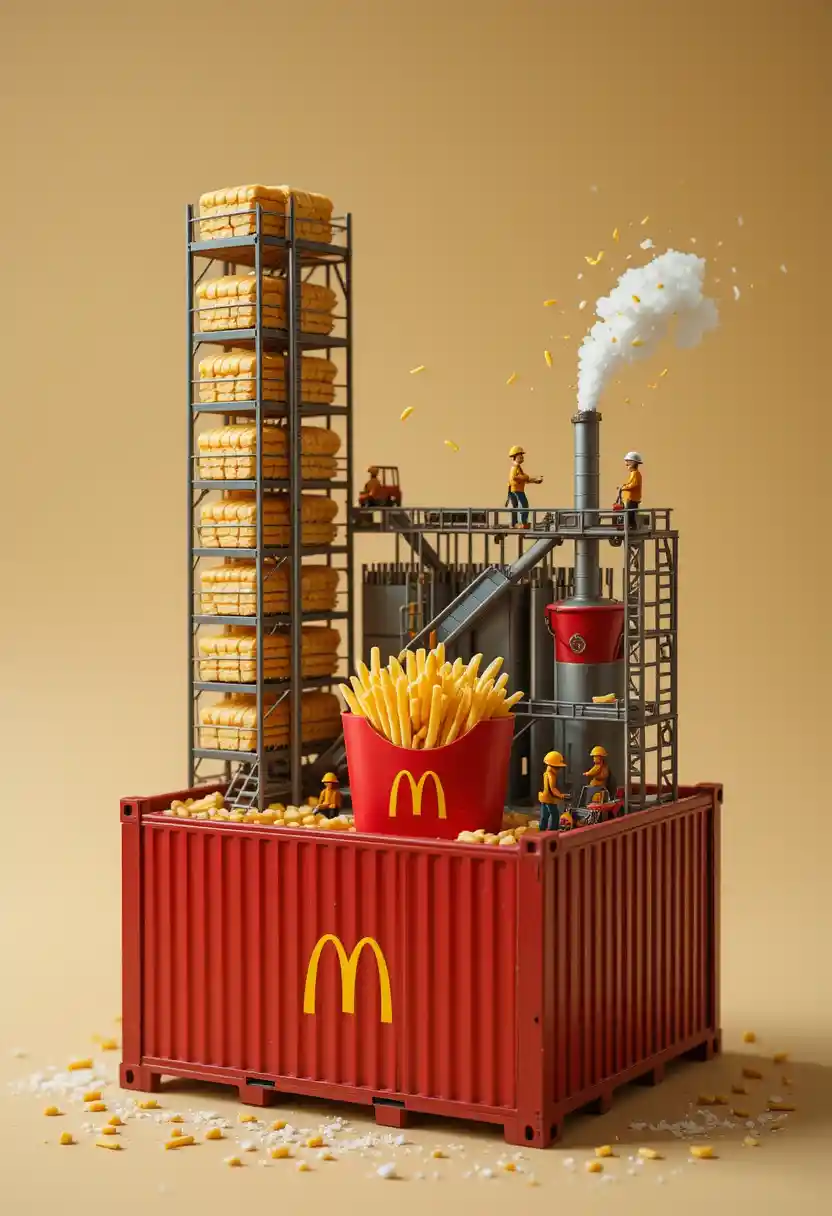 Miniatura di fabbrica di patatine fritte dentro a un container rosso