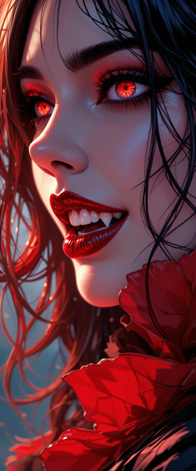 Anime close up of a vampire queens crimson lips and fangs