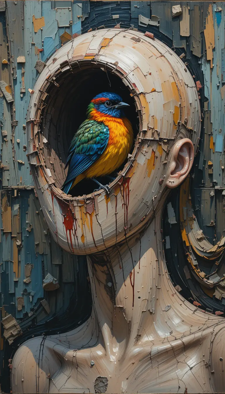Colorful Bird In A Mannequin Head In Junkyard Scene