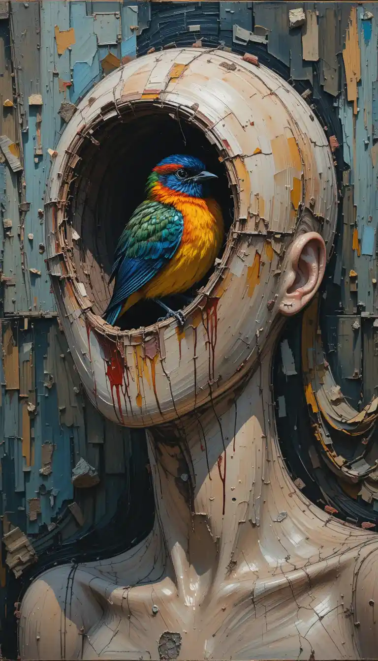 Colorful Bird In A Mannequin Head In Junkyard Scene