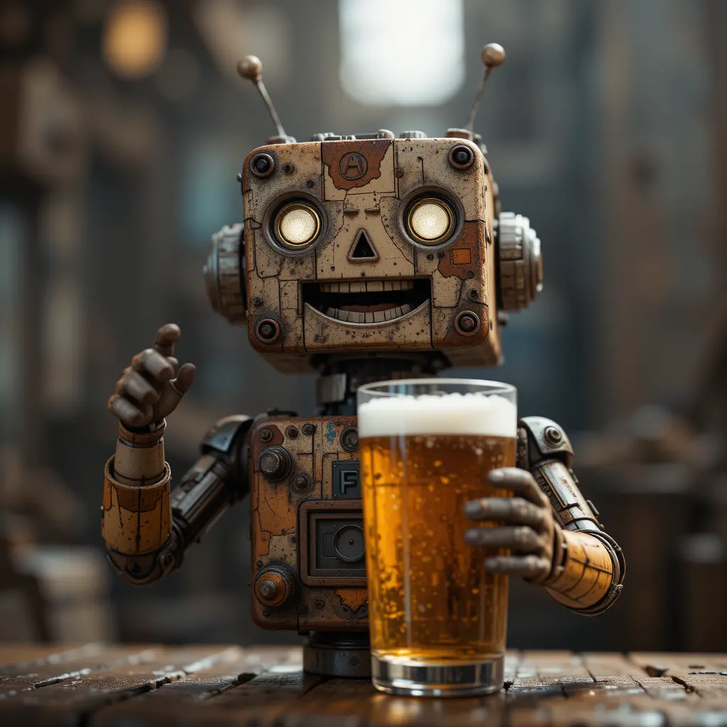 Rusty cartoon robot happily enjoying a beer indoors