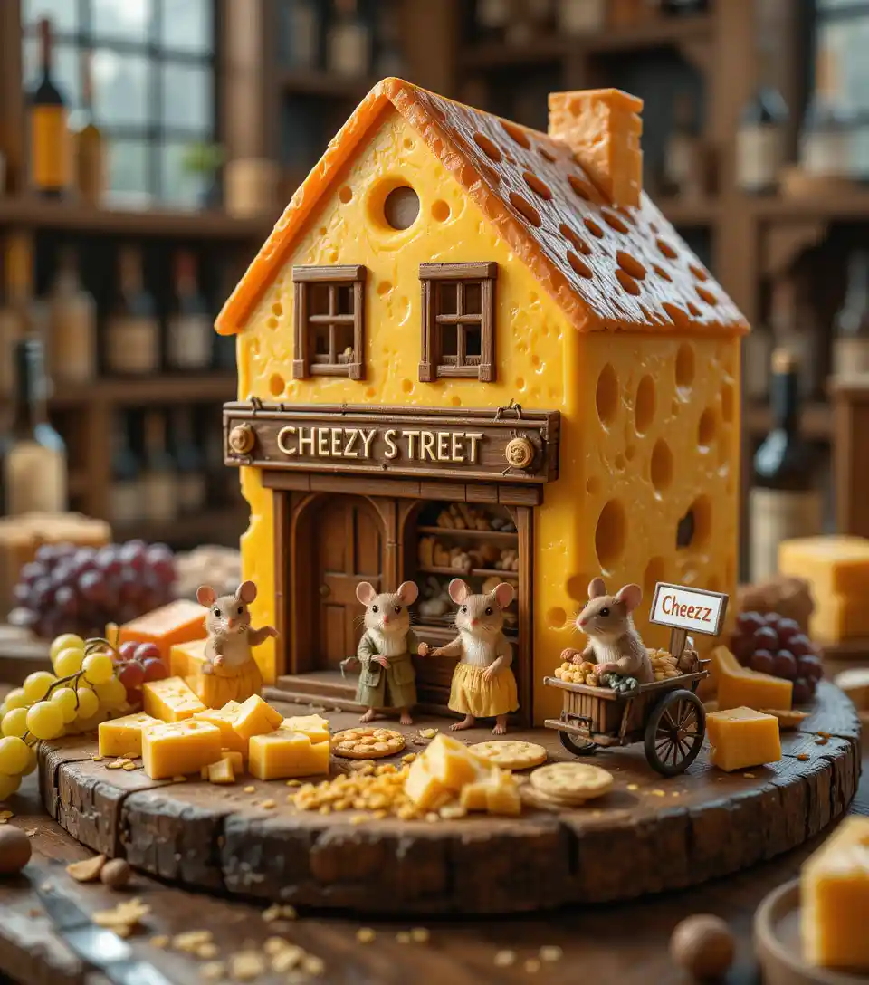 Whimsical tiny mouse family in a cheese shop