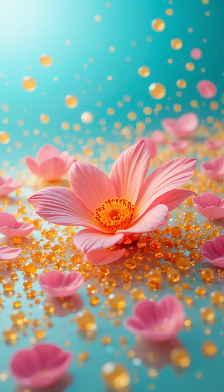 Isometric 3D background with droplets petals and sparks