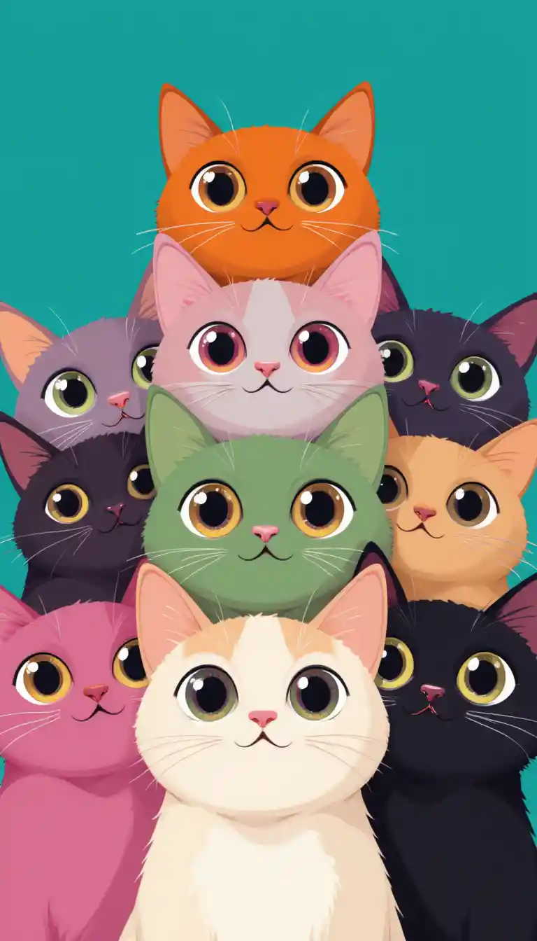 Stacked colorful cartoon cats with big round eyes