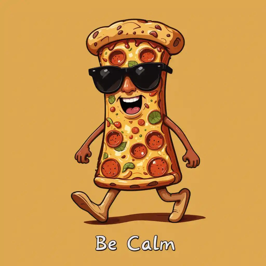 Cartoon sausage pizza slice with glasses and calm message