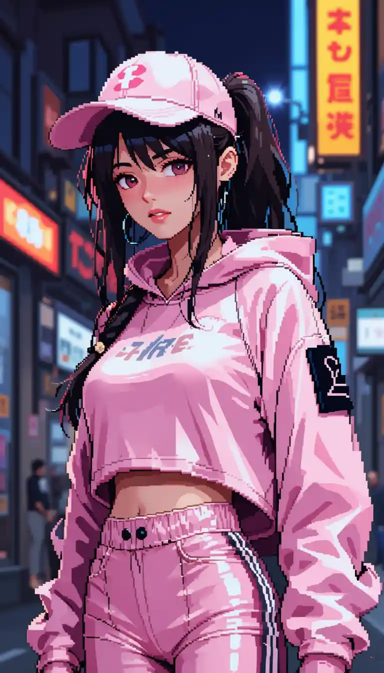 Anime girl in pink sporty streetwear pixel art portrait