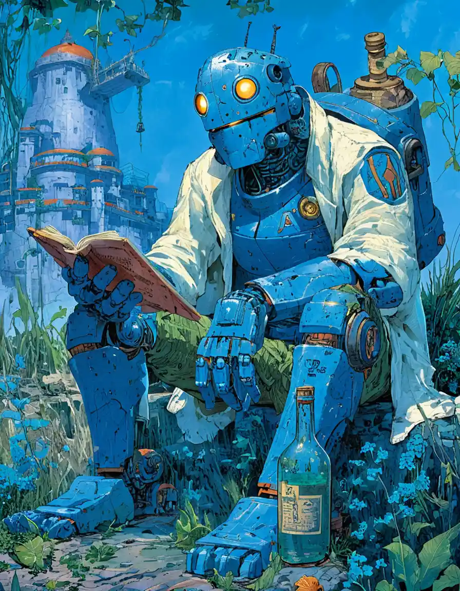 Blue humanoid robot reading on a rock in fantasy ruins