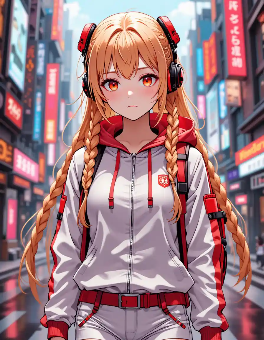 Chica de anime con ropa deportiva blanca en una ciudad cyberpunk