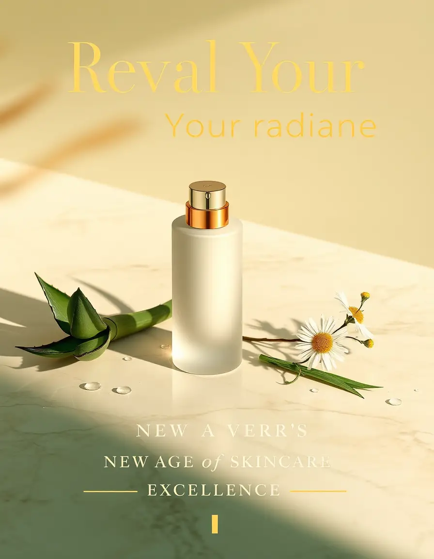 Luxury skincare bottle poster on marble with golden light