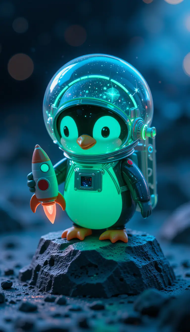Glow in the dark astronaut penguin vinyl toy on moon