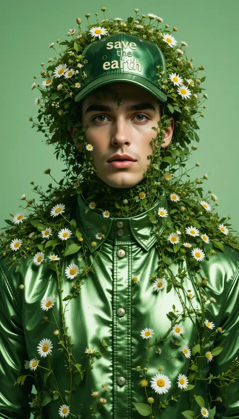 Eco inspired portrait of man covered in green foliage