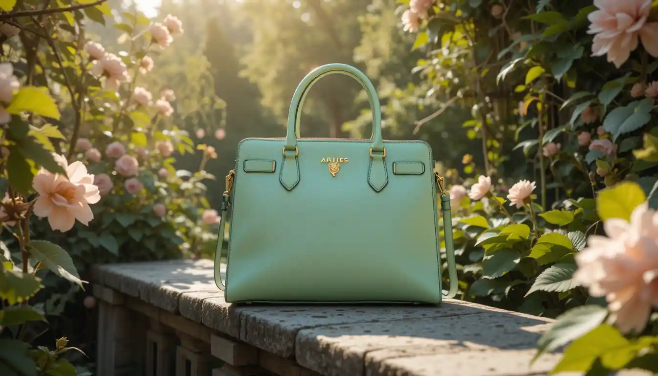 Sac à main de luxe vert pastel sur banc en pierre dans un jardin