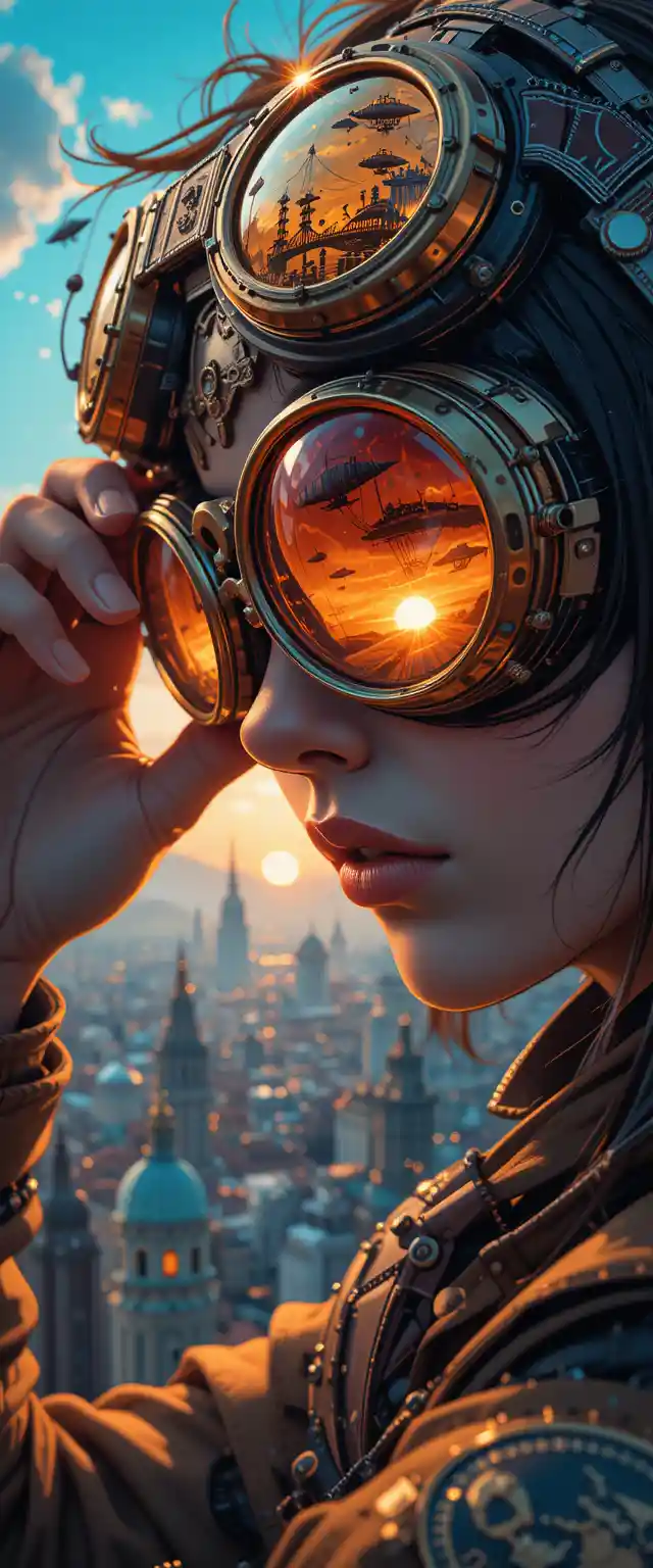 Anime steampunk aviator adjusting goggles at glowing sunset