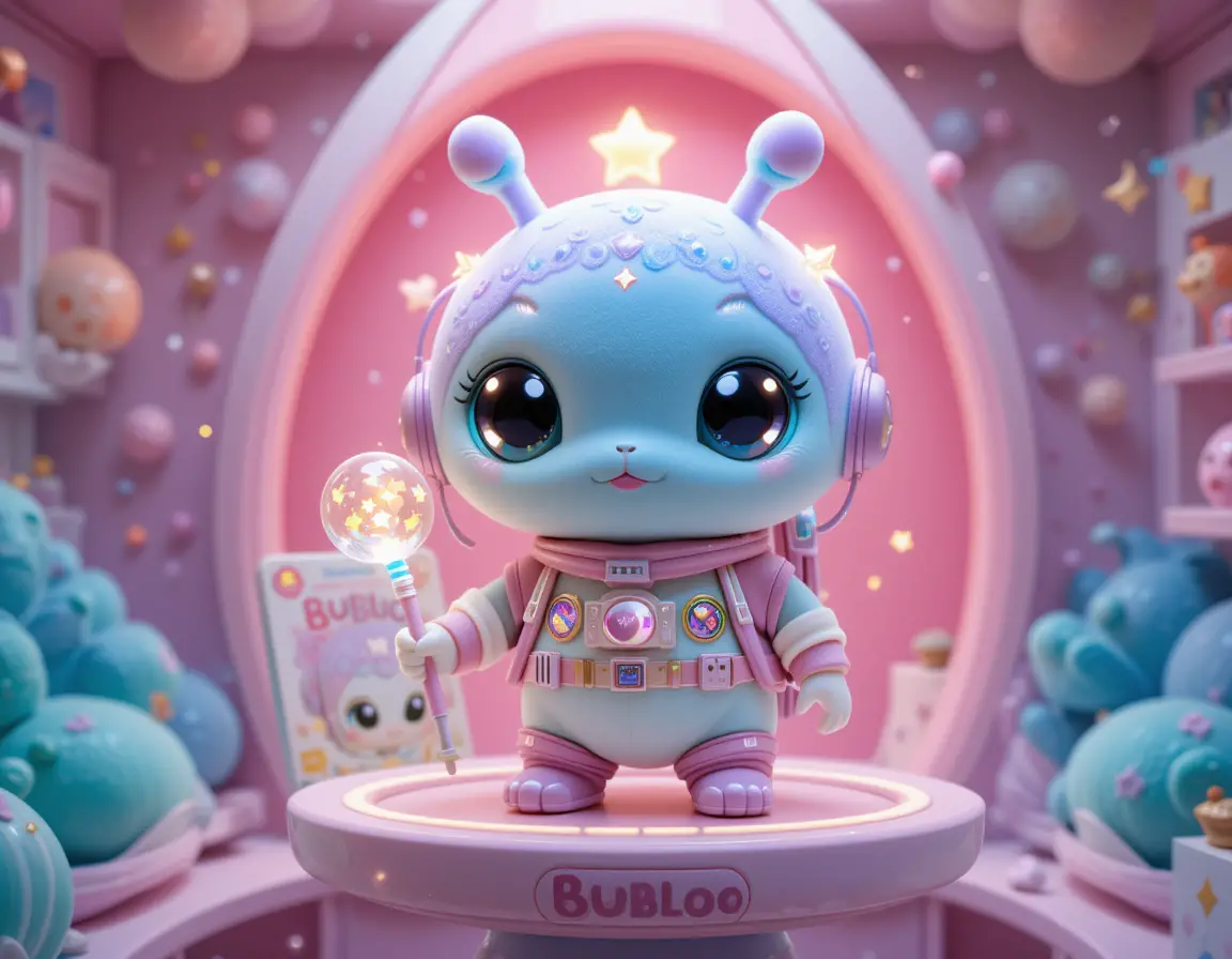 Cute 3D alien plush explorer toy on pastel rocket shelf