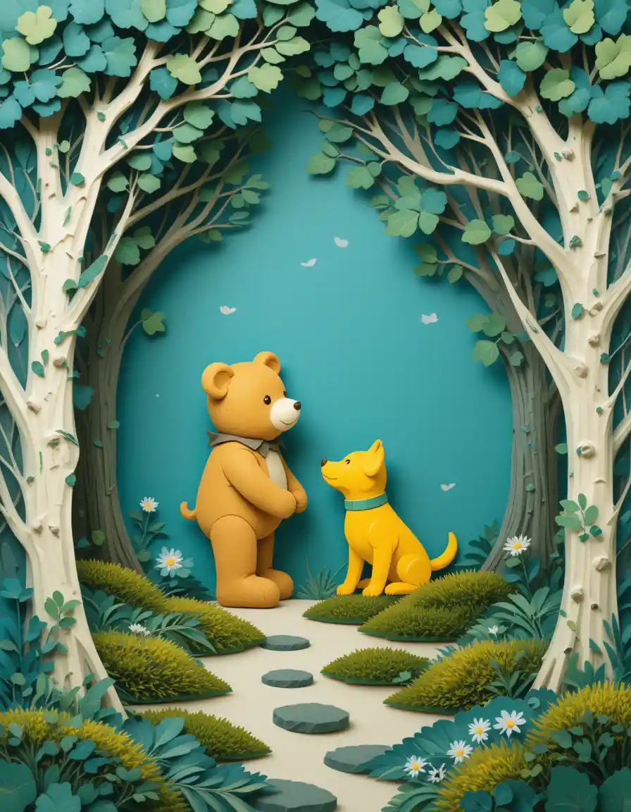 Waldszene aus Papierschnitt mit Teddybär und Stoffhund