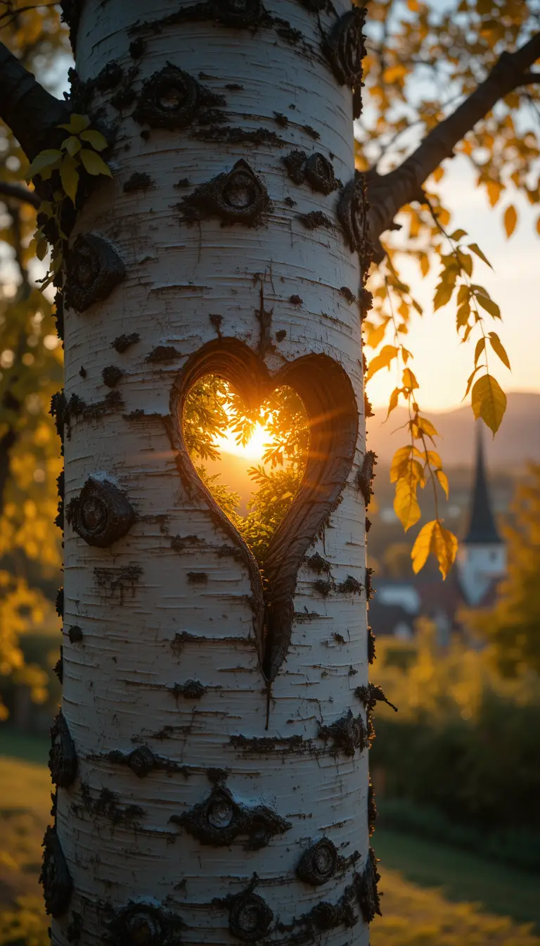 Close up birch tree trunk framing a glowing sunset