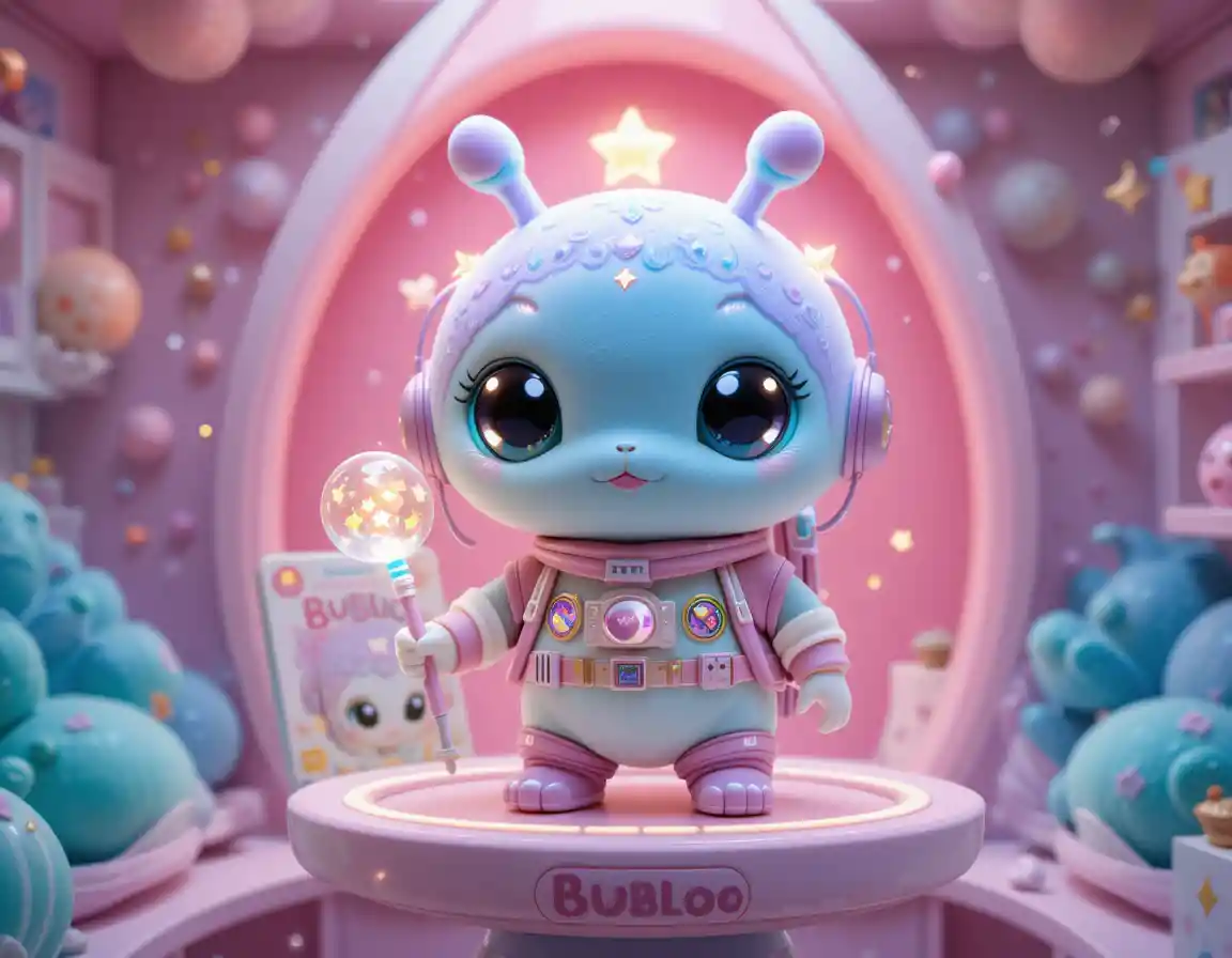 Cute 3D alien plush explorer toy on pastel rocket shelf