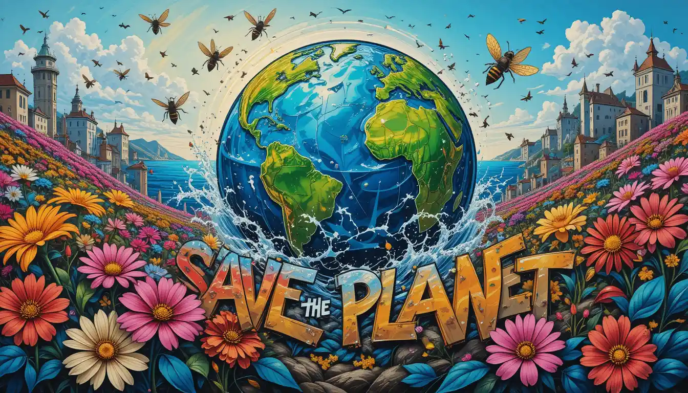 Earth flowers bees and ocean in colorful nature art
