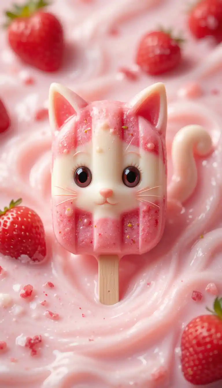 Paleta de gatito tierno zambulléndose en un chapuzón de leche con fresa