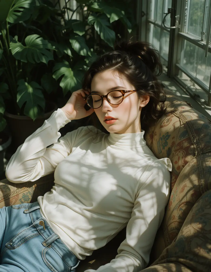French model napping on vintage sofa in greenhouse