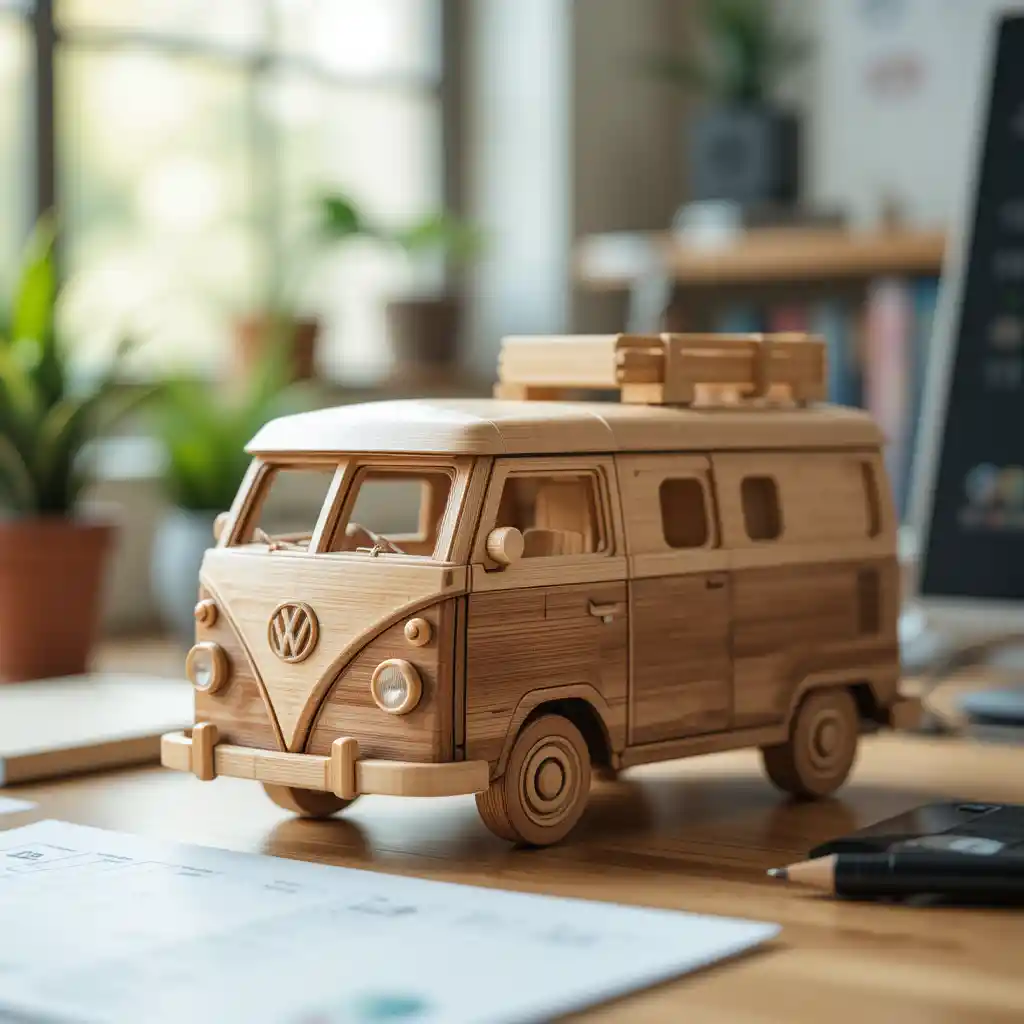 Macro view of bamboo camper van toy on student desk