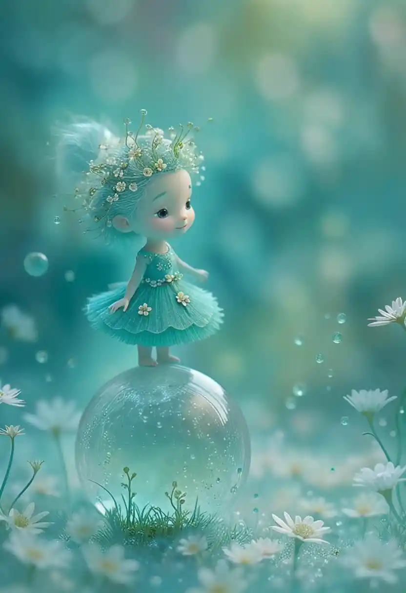 Ethereal fairy on a glass sphere in enchanted garden