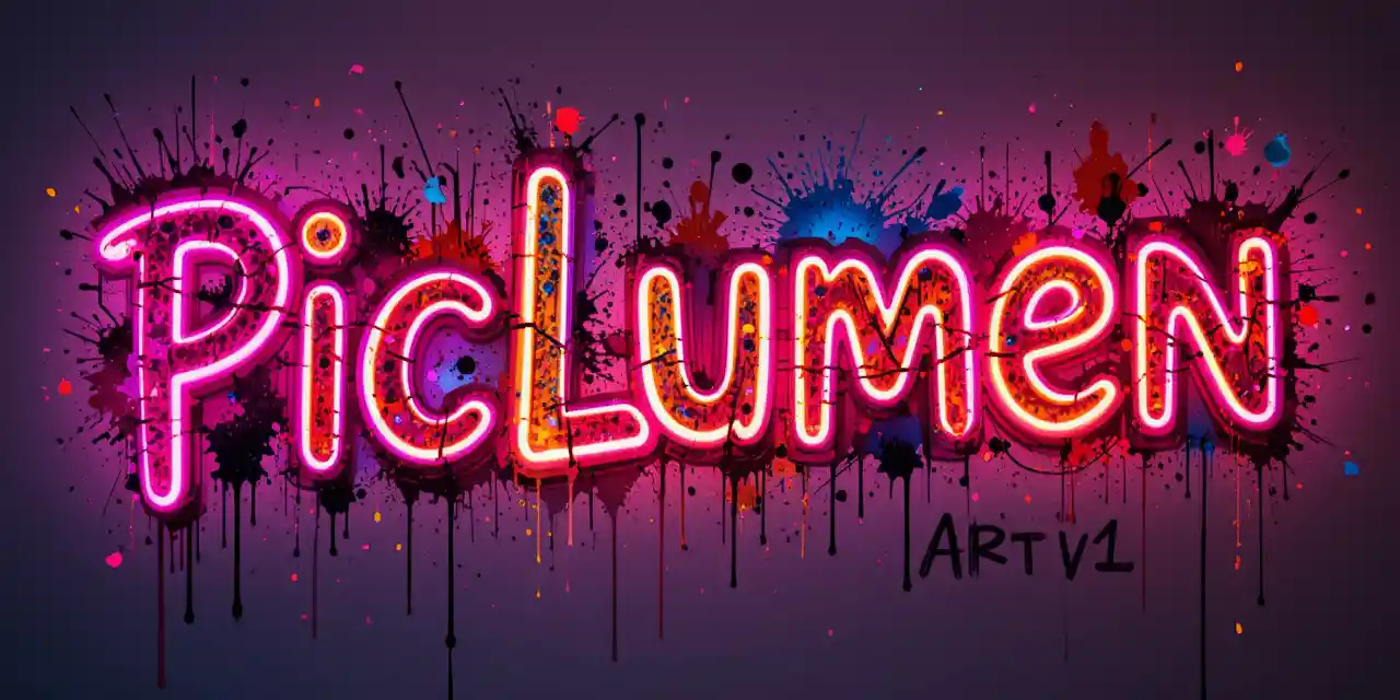 Colorful graffiti style PicLumen lettering on white background