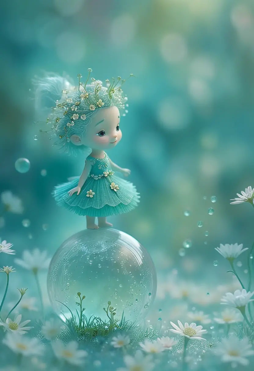 Ethereal fairy on a glass sphere in enchanted garden
