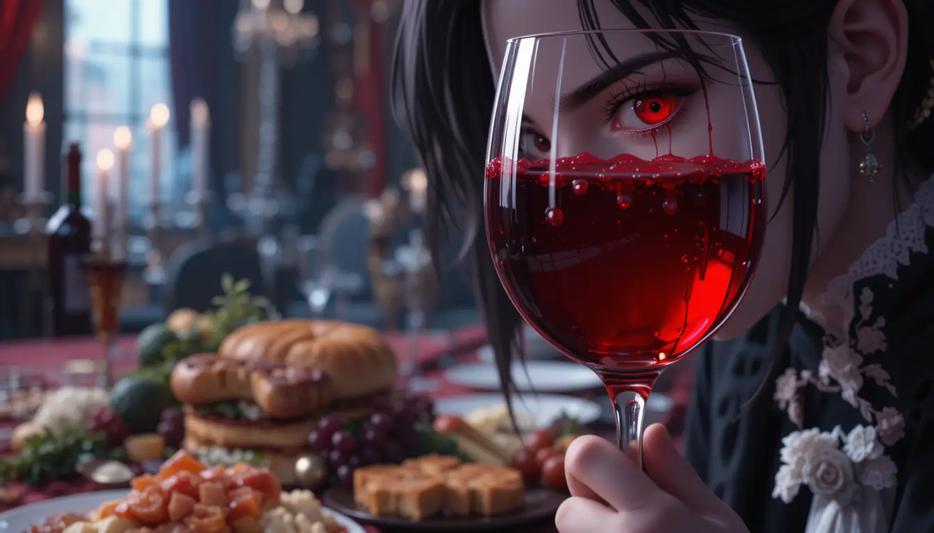 Anime vampire gazing into a goblet of red wine