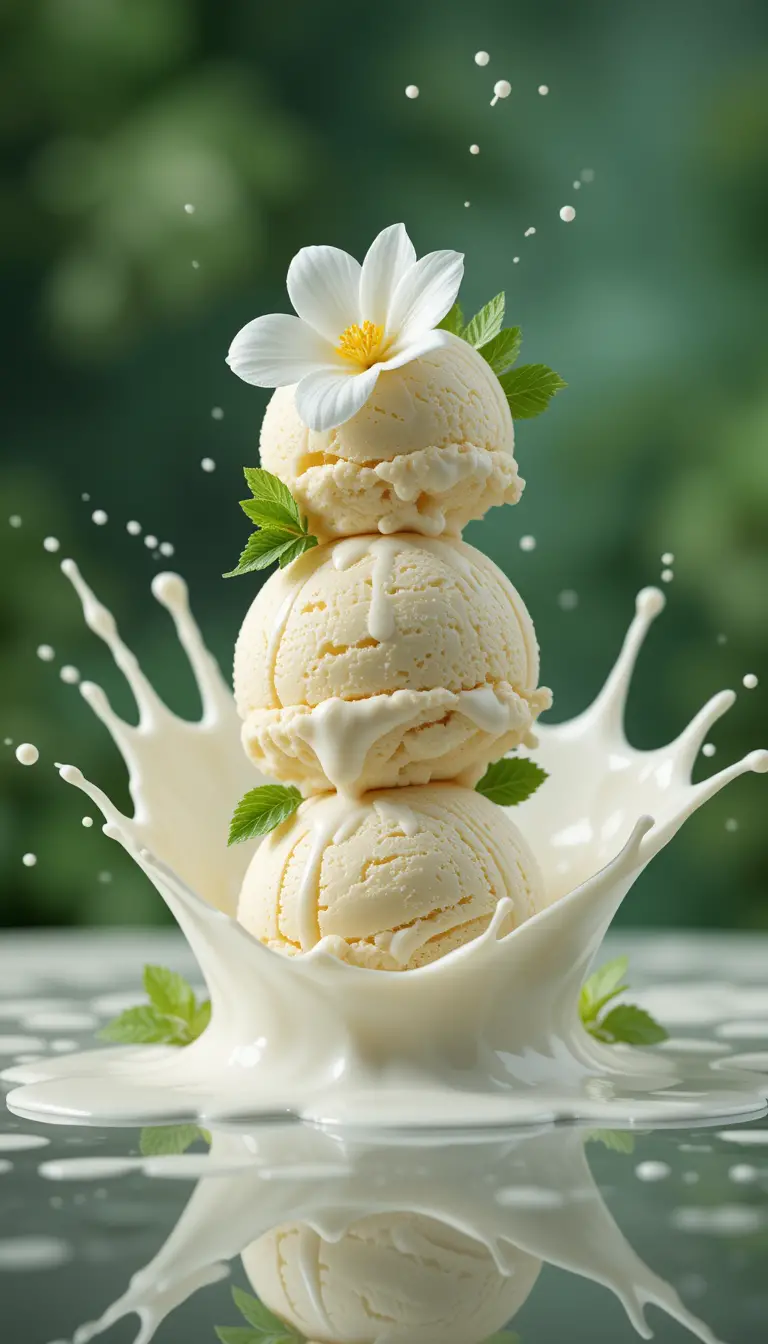 Vanilla ice cream scoops with milk splash in studio