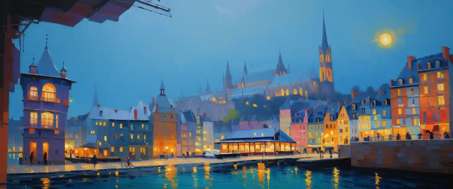 Luminous harbor cityscape painting of a Rouen riverside